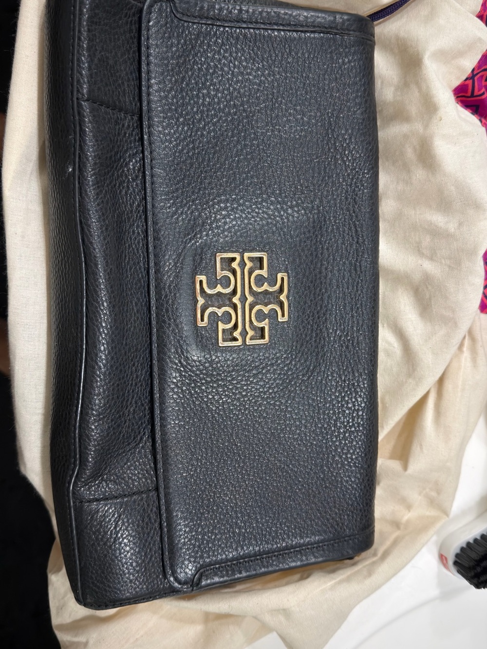 Tory Burch Black Pebbled Leather Tote with Gold Accents